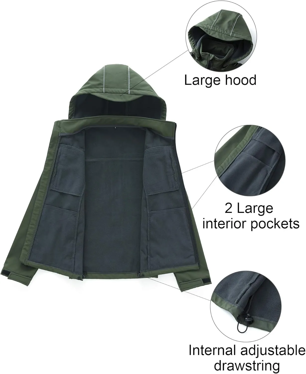CREATMO US Men's Softshell Military Jacket With Removable Hood, Fleece Lined and Water Repellent Outdoor Reflective Coat