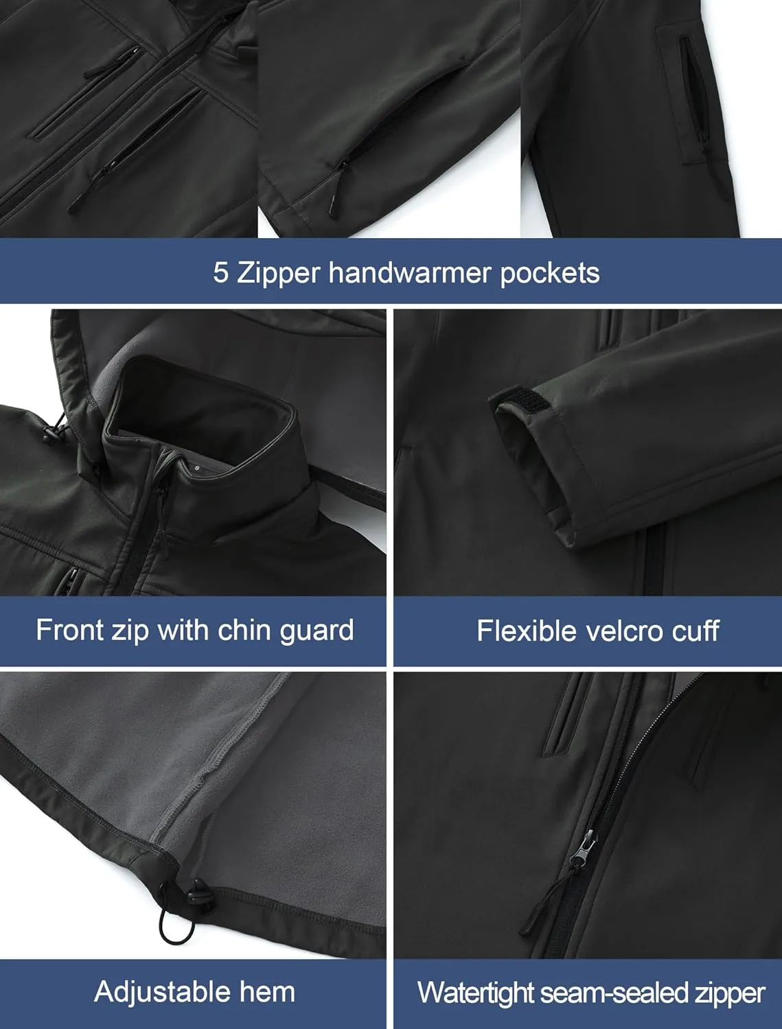 CREATMO US Men's Softshell Military Jacket With Removable Hood, Fleece Lined and Water Repellent Outdoor Reflective Coat