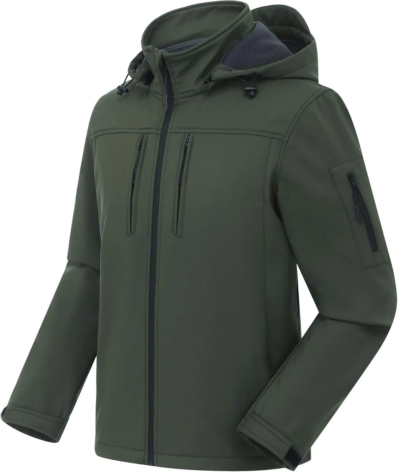 CREATMO US Men's Softshell Military Jacket With Removable Hood, Fleece Lined and Water Repellent Outdoor Reflective Coat