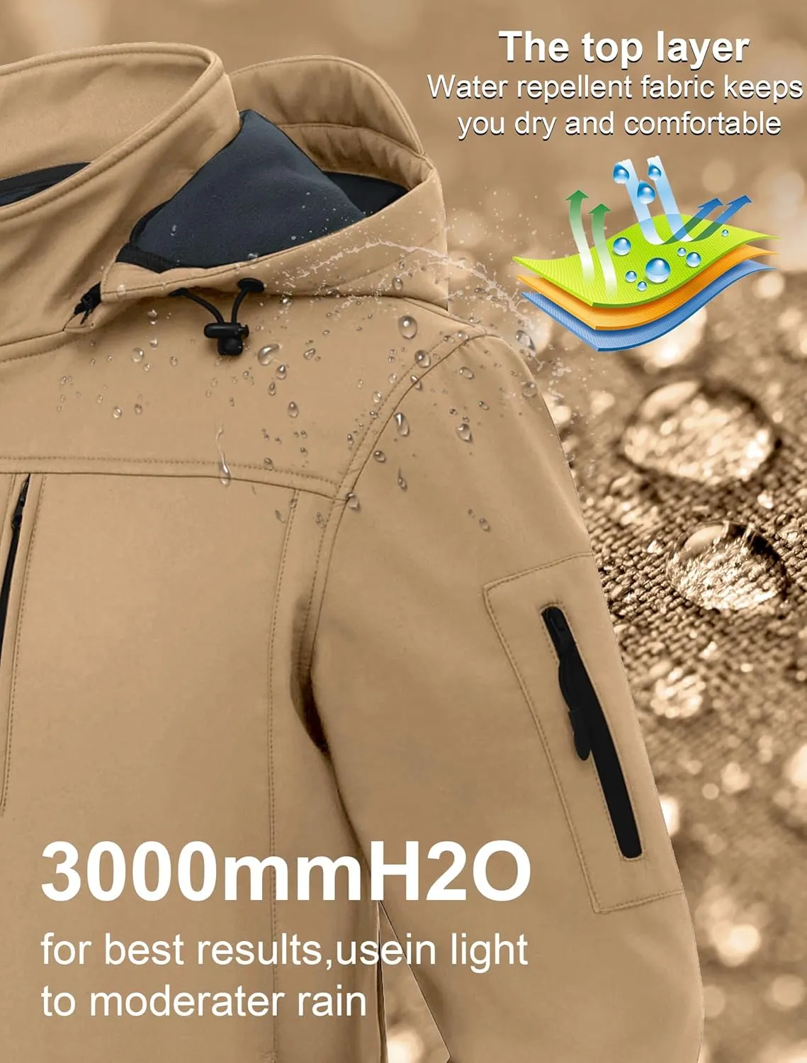 CREATMO US Men's Softshell Military Jacket With Removable Hood, Fleece Lined and Water Repellent Outdoor Reflective Coat