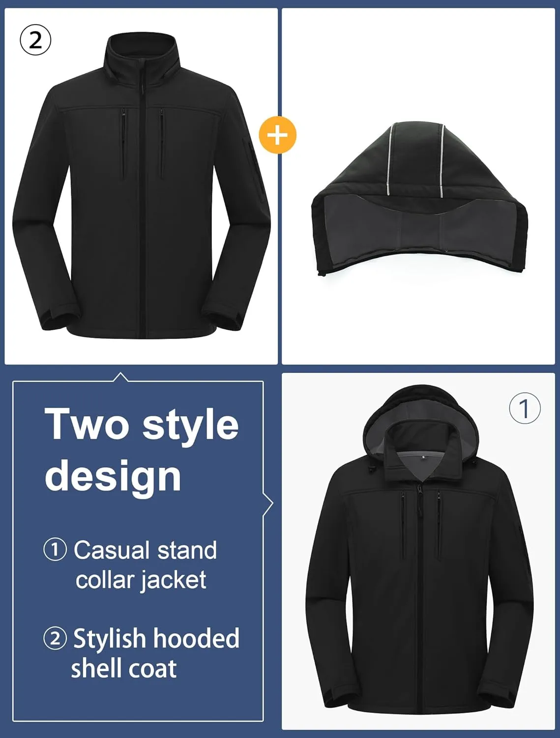 CREATMO US Men's Softshell Military Jacket With Removable Hood, Fleece Lined and Water Repellent Outdoor Reflective Coat