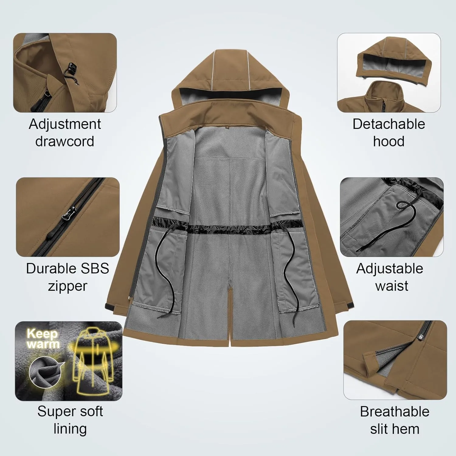 CREATMO US Women's Lightweight Waterproof Long Softshell Tactical Jacket Fleece Lined Windbreaker