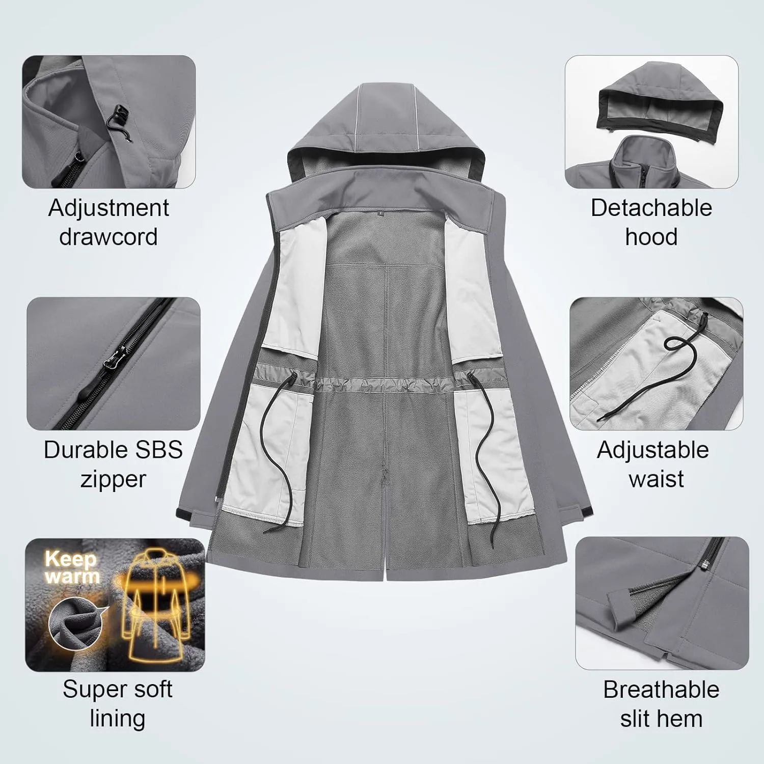CREATMO US Women's Lightweight Waterproof Long Softshell Tactical Jacket Fleece Lined Windbreaker