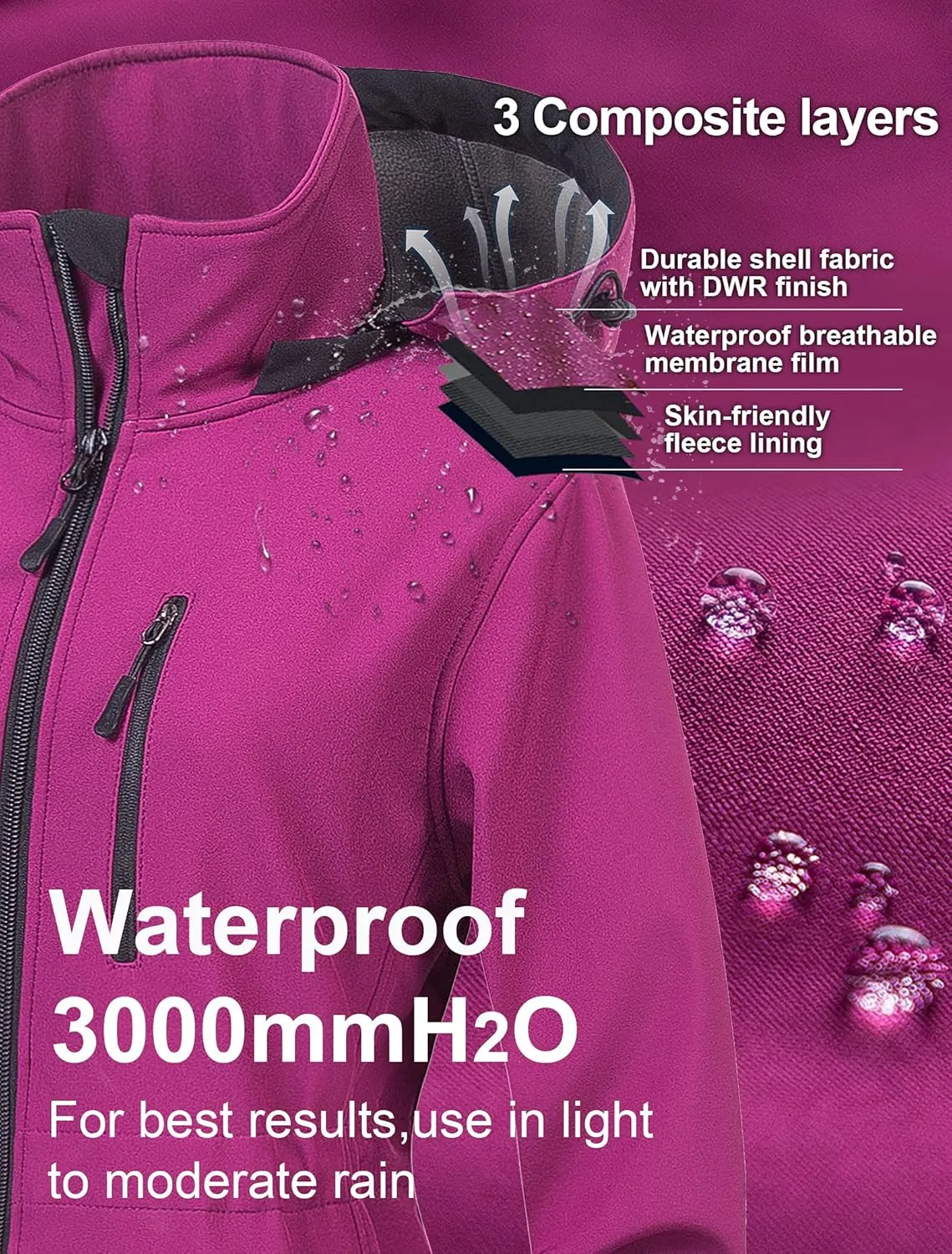 CREATMO US Women's Lightweight Waterproof Long Softshell Tactical Jacket Fleece Lined Windbreaker