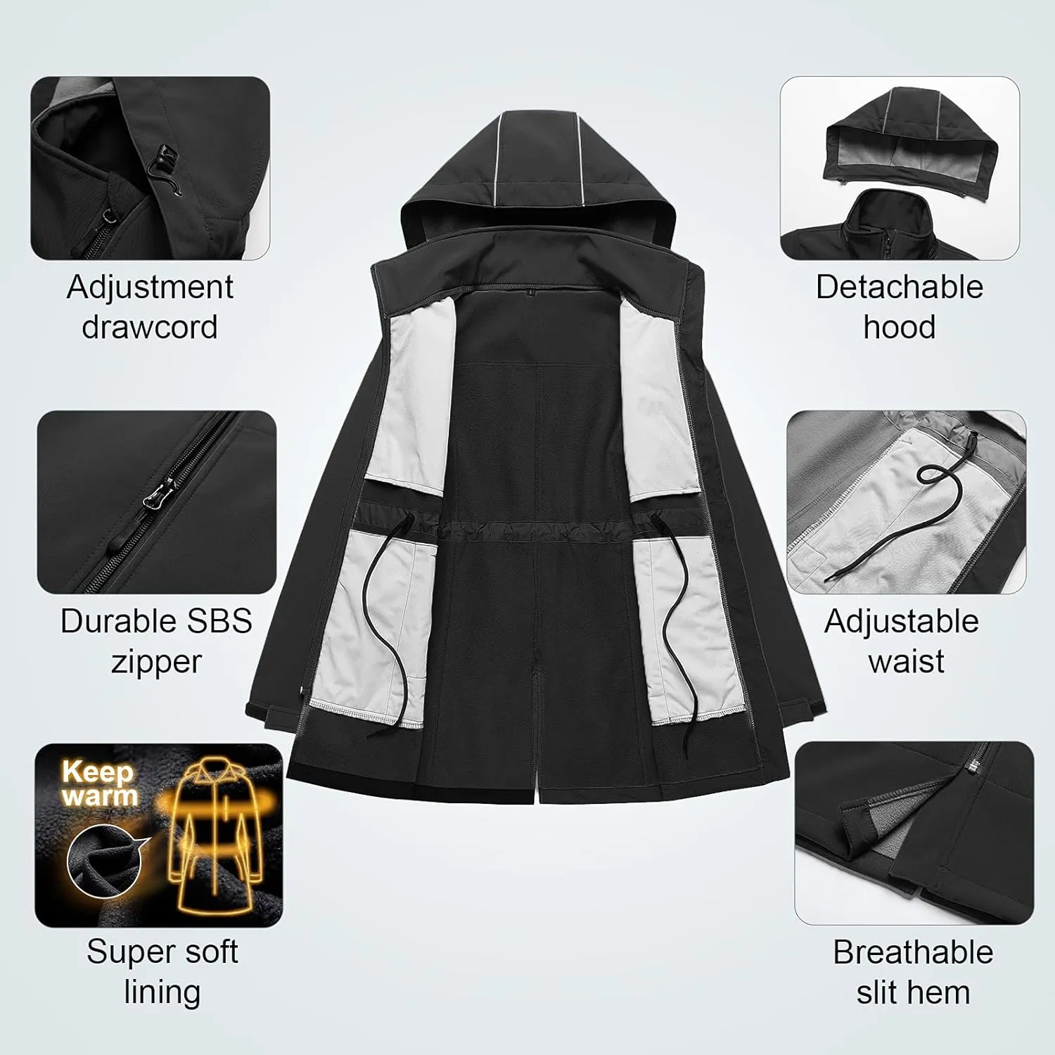 CREATMO US Women's Lightweight Waterproof Long Softshell Tactical Jacket Fleece Lined Windbreaker