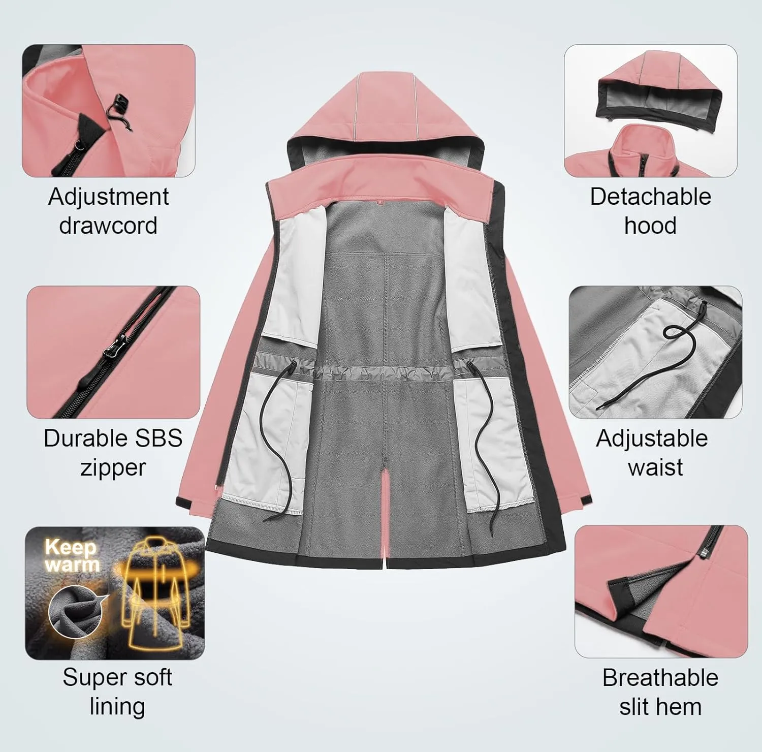 CREATMO US Women's Lightweight Waterproof Long Softshell Tactical Jacket Fleece Lined Windbreaker