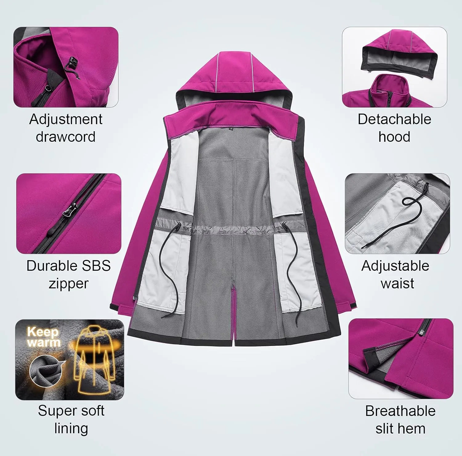CREATMO US Women's Lightweight Waterproof Long Softshell Tactical Jacket Fleece Lined Windbreaker