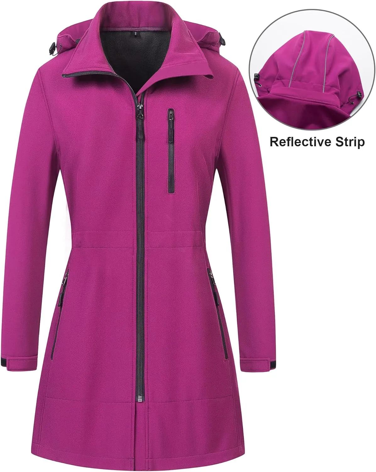 CREATMO US Women's Lightweight Waterproof Long Softshell Tactical Jacket Fleece Lined Windbreaker