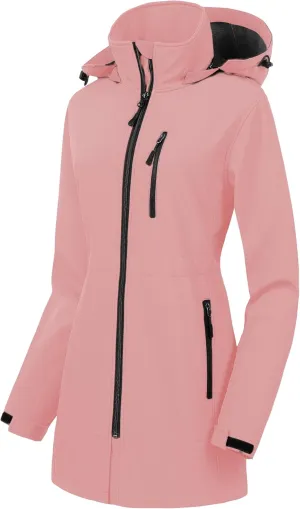 CREATMO US Women's Lightweight Waterproof Long Softshell Tactical Jacket Fleece Lined Windbreaker