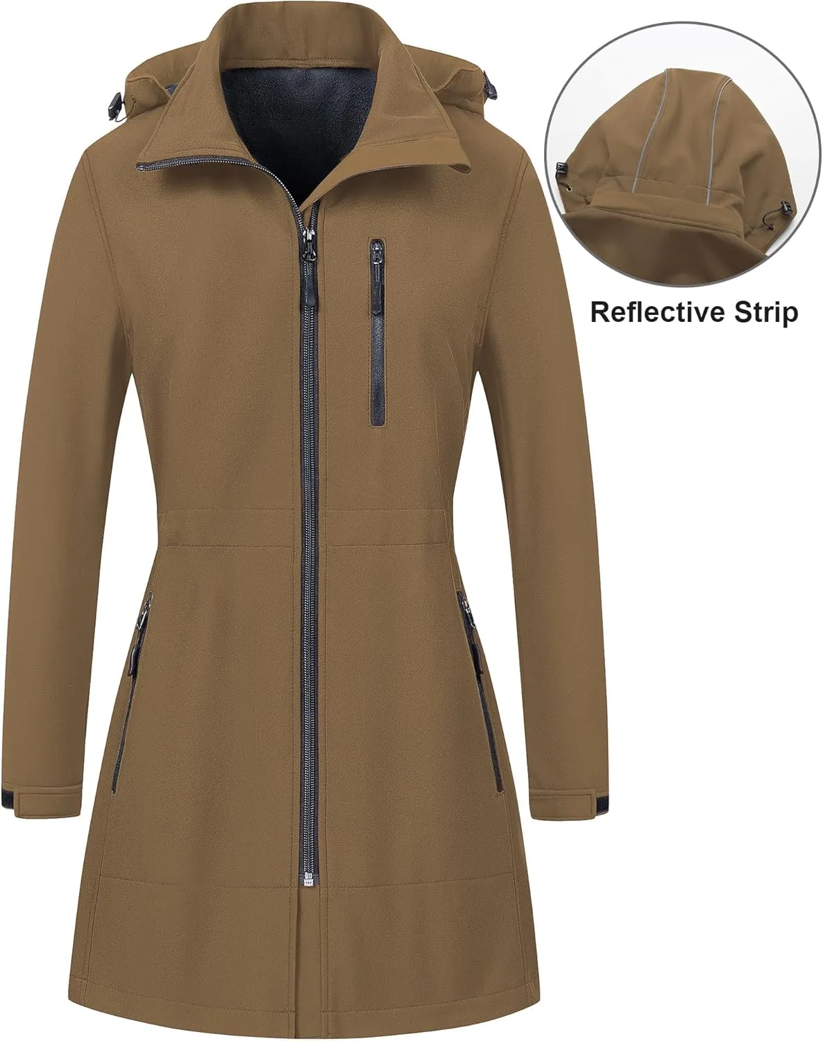 CREATMO US Women's Lightweight Waterproof Long Softshell Tactical Jacket Fleece Lined Windbreaker