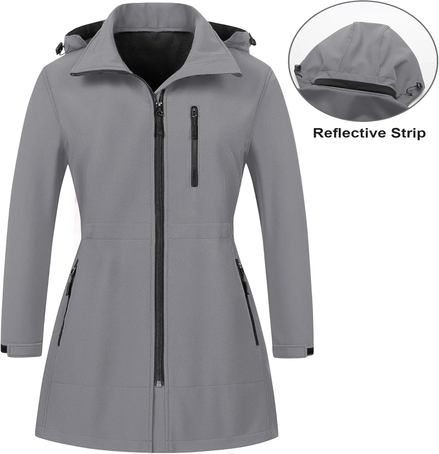 CREATMO US Women's Plus Size Long Softshell Jacket Waterproof Fleece Lined Rain Jacket Lightweight Windbreaker With Hood