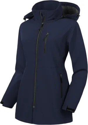 CREATMO US Women's Plus Size Long Softshell Jacket Waterproof Fleece Lined Rain Jacket Lightweight Windbreaker With Hood