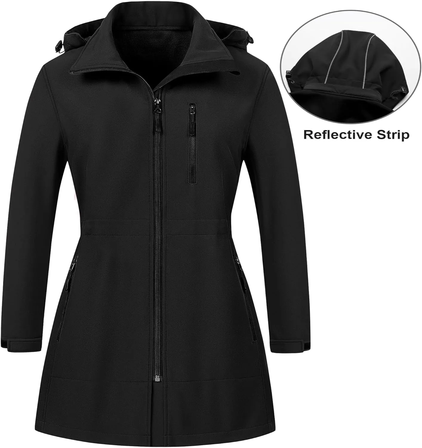 CREATMO US Women's Plus Size Long Softshell Jacket Waterproof Fleece Lined Rain Jacket Lightweight Windbreaker With Hood
