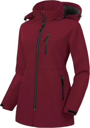 CREATMO US Women's Plus Size Long Softshell Jacket Waterproof Fleece Lined Rain Jacket Lightweight Windbreaker With Hood