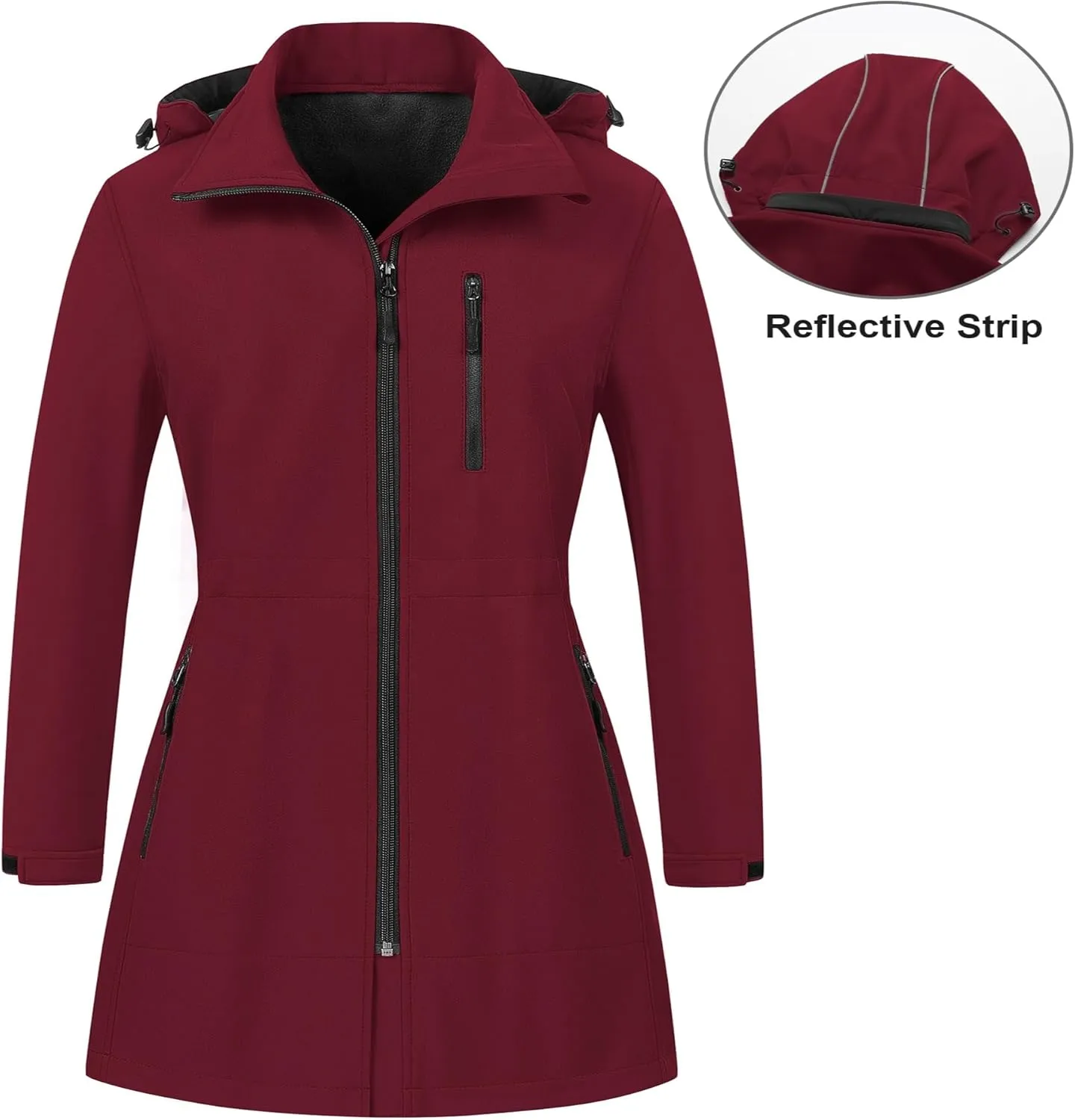 CREATMO US Women's Plus Size Long Softshell Jacket Waterproof Fleece Lined Rain Jacket Lightweight Windbreaker With Hood