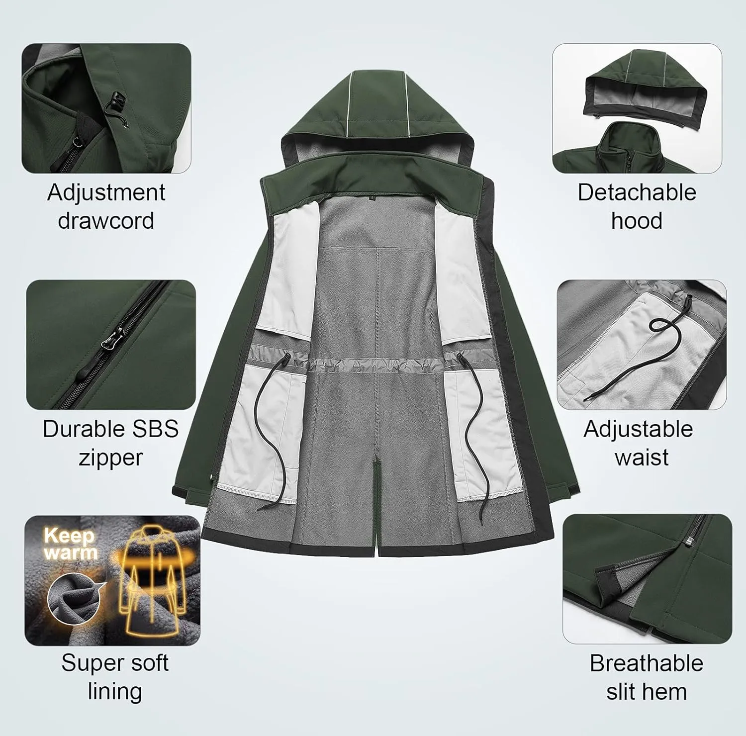 CREATMO US Women's Plus Size Long Softshell Jacket Waterproof Fleece Lined Rain Jacket Lightweight Windbreaker With Hood