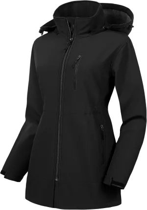 CREATMO US Women's Plus Size Long Softshell Jacket Waterproof Fleece Lined Rain Jacket Lightweight Windbreaker With Hood