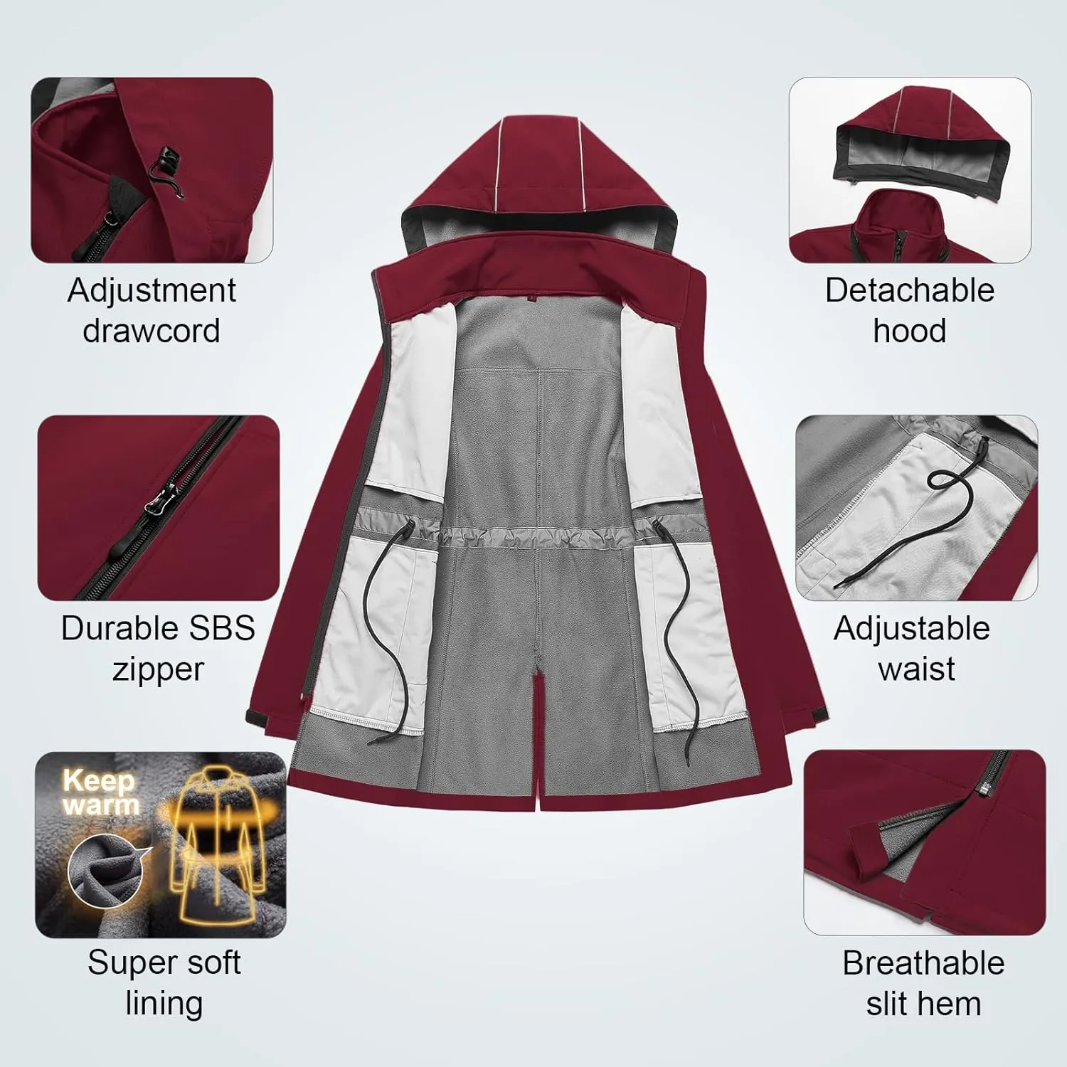 CREATMO US Women's Plus Size Long Softshell Jacket Waterproof Fleece Lined Rain Jacket Lightweight Windbreaker With Hood