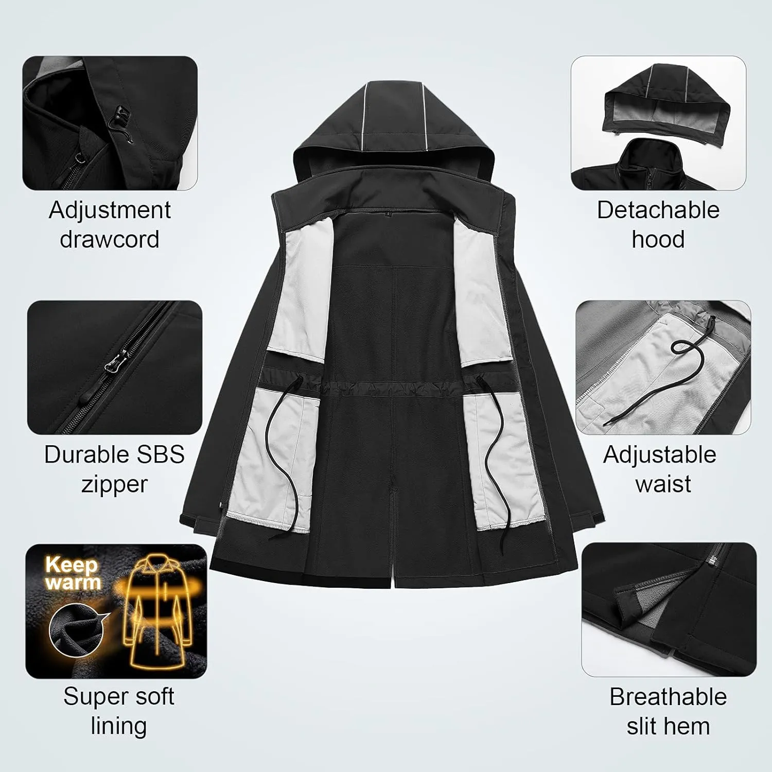 CREATMO US Women's Plus Size Long Softshell Jacket Waterproof Fleece Lined Rain Jacket Lightweight Windbreaker With Hood