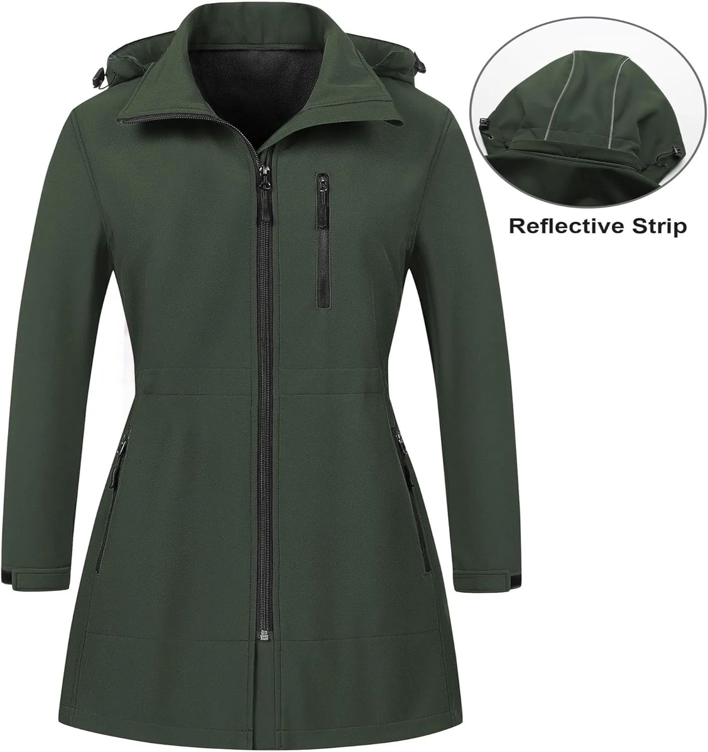 CREATMO US Women's Plus Size Long Softshell Jacket Waterproof Fleece Lined Rain Jacket Lightweight Windbreaker With Hood