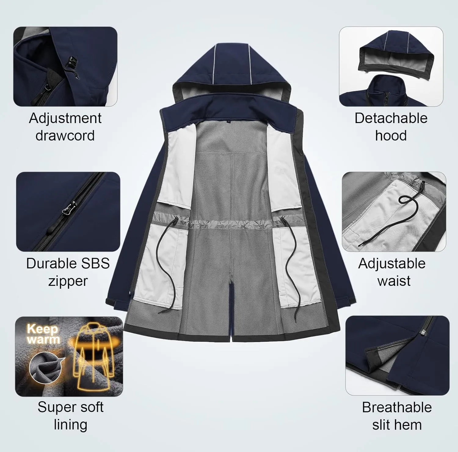 CREATMO US Women's Plus Size Long Softshell Jacket Waterproof Fleece Lined Rain Jacket Lightweight Windbreaker With Hood