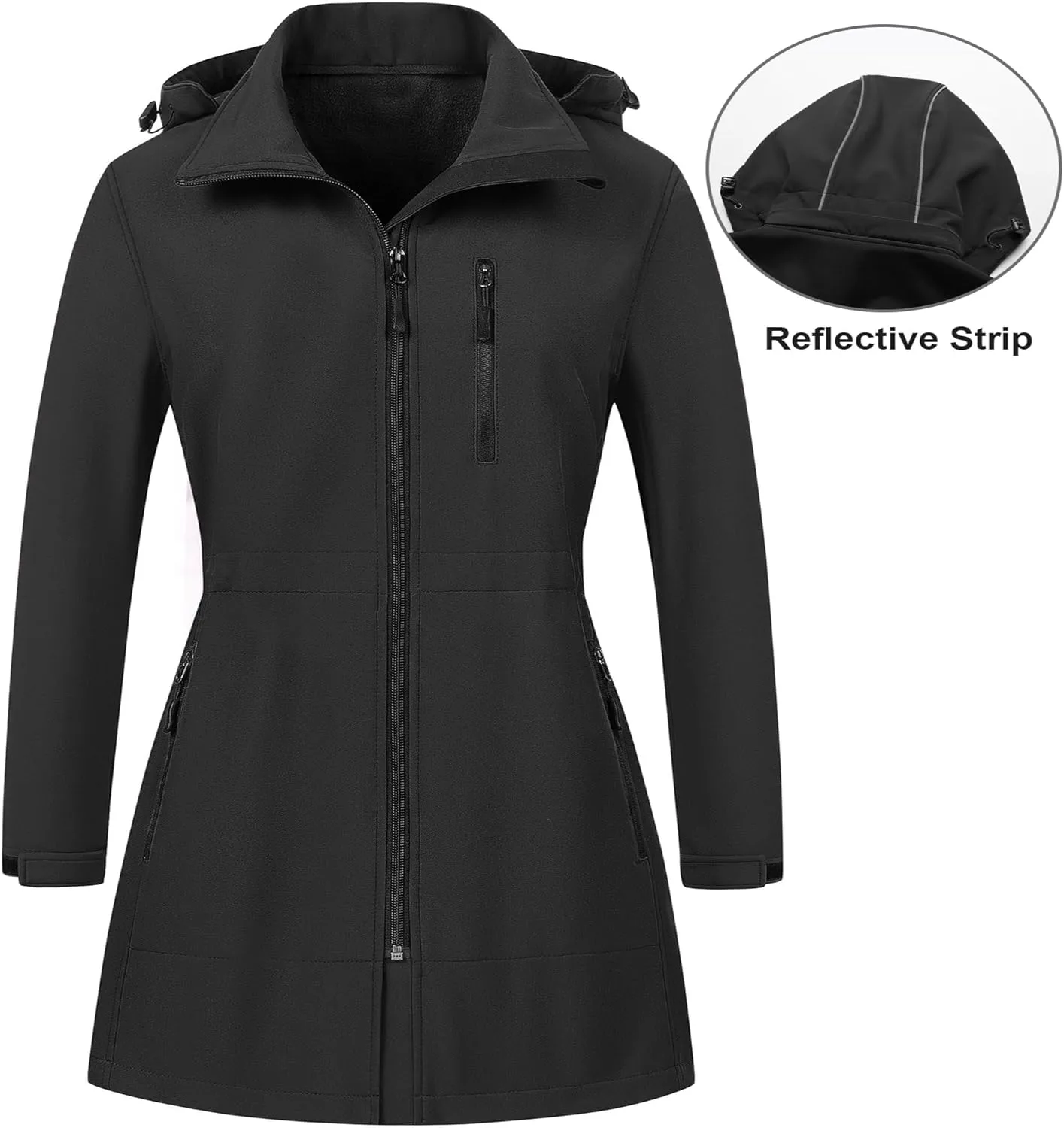 CREATMO US Women's Plus Size Long Softshell Jacket Waterproof Fleece Lined Rain Jacket Lightweight Windbreaker With Hood