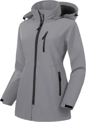 CREATMO US Women's Plus Size Long Softshell Jacket Waterproof Fleece Lined Rain Jacket Lightweight Windbreaker With Hood