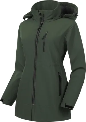 CREATMO US Women's Plus Size Long Softshell Jacket Waterproof Fleece Lined Rain Jacket Lightweight Windbreaker With Hood