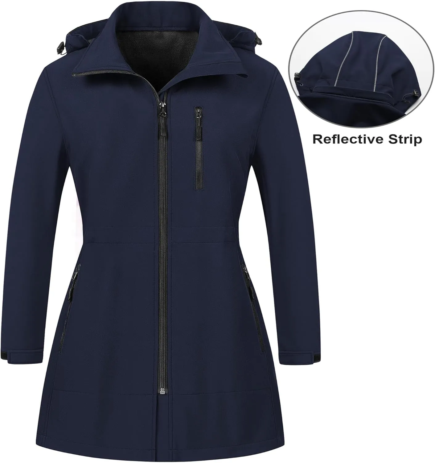 CREATMO US Women's Plus Size Long Softshell Jacket Waterproof Fleece Lined Rain Jacket Lightweight Windbreaker With Hood