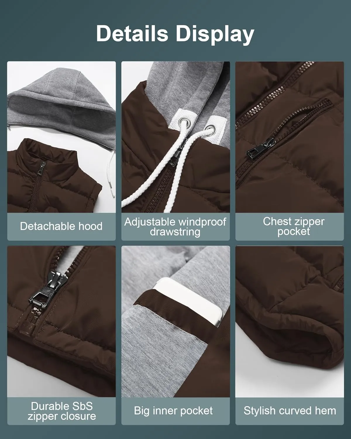 CREATMO US Women's Warm Vest Outerwear Thick Padded Puffer Sleeveless Vest With Detachable Hood