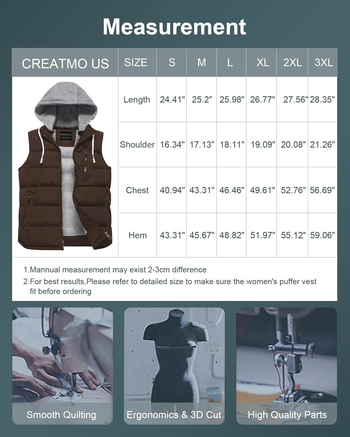 CREATMO US Women's Warm Vest Outerwear Thick Padded Puffer Sleeveless Vest With Detachable Hood