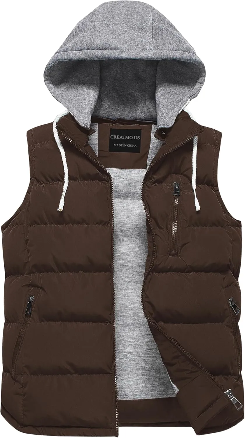 CREATMO US Women's Warm Vest Outerwear Thick Padded Puffer Sleeveless Vest With Detachable Hood