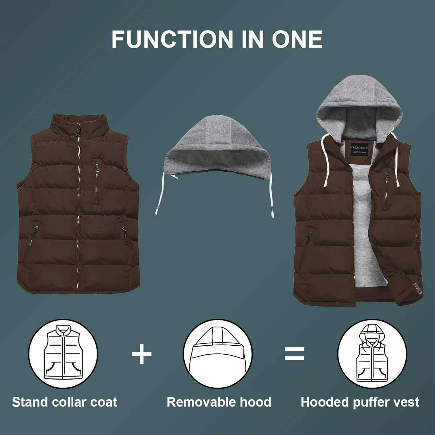 CREATMO US Women's Warm Vest Outerwear Thick Padded Puffer Sleeveless Vest With Detachable Hood