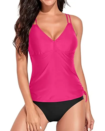 Criss Cross Shoulder Straps Tankini Swimsuits For Women-Neon Pink And Black