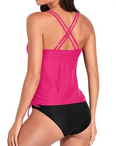 Criss Cross Shoulder Straps Tankini Swimsuits For Women-Neon Pink And Black