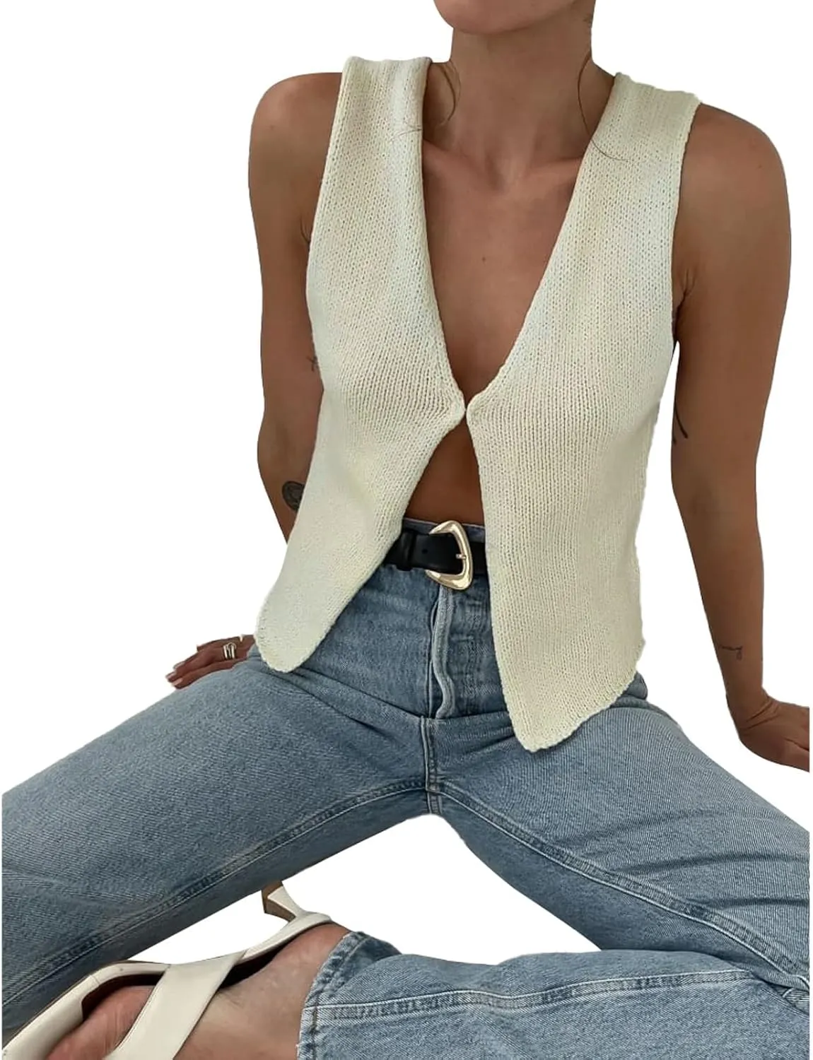 Crochet Knitted Vest for Women Vintage Y2K Hollow Out Button Down Cardigan Retro Crochet Knit Tank Vest