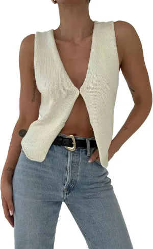Crochet Knitted Vest for Women Vintage Y2K Hollow Out Button Down Cardigan Retro Crochet Knit Tank Vest