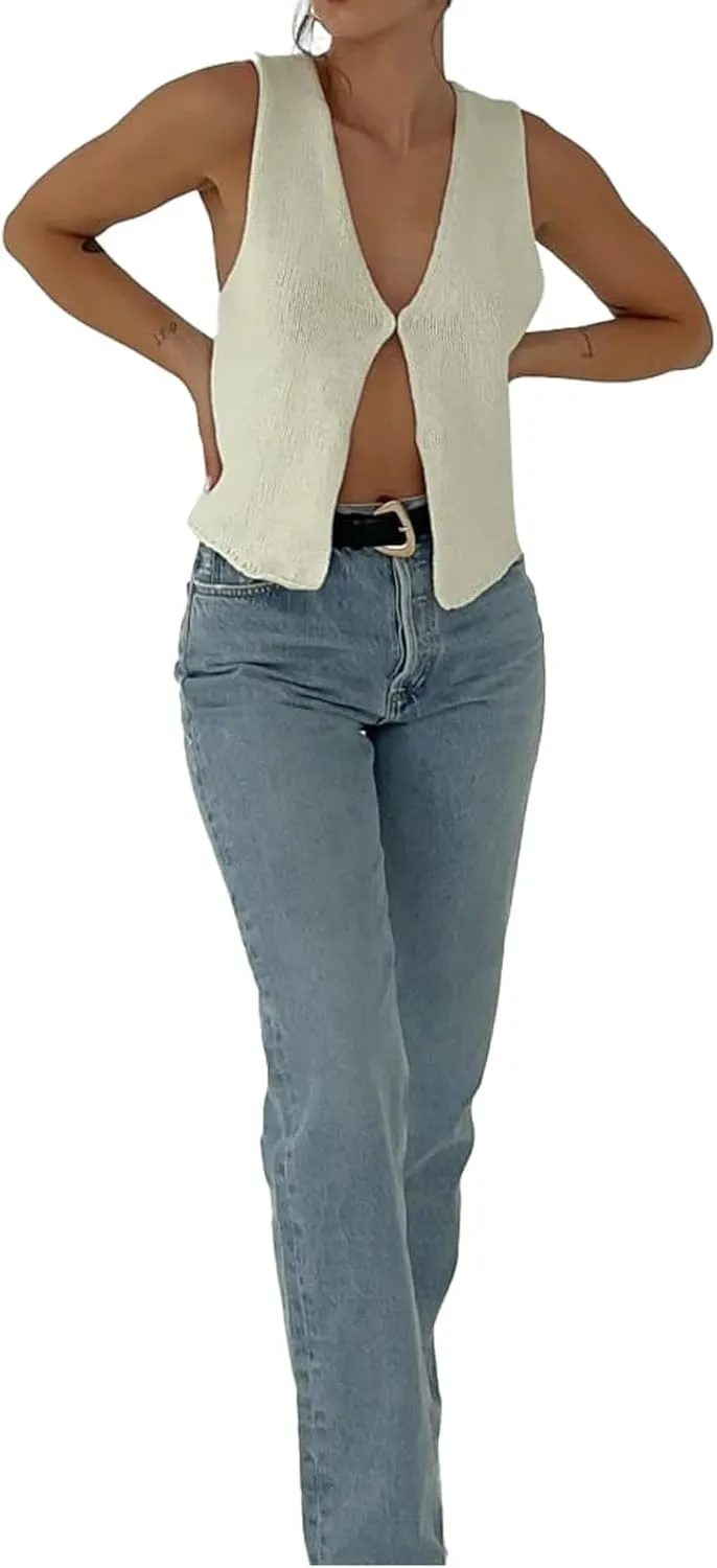 Crochet Knitted Vest for Women Vintage Y2K Hollow Out Button Down Cardigan Retro Crochet Knit Tank Vest