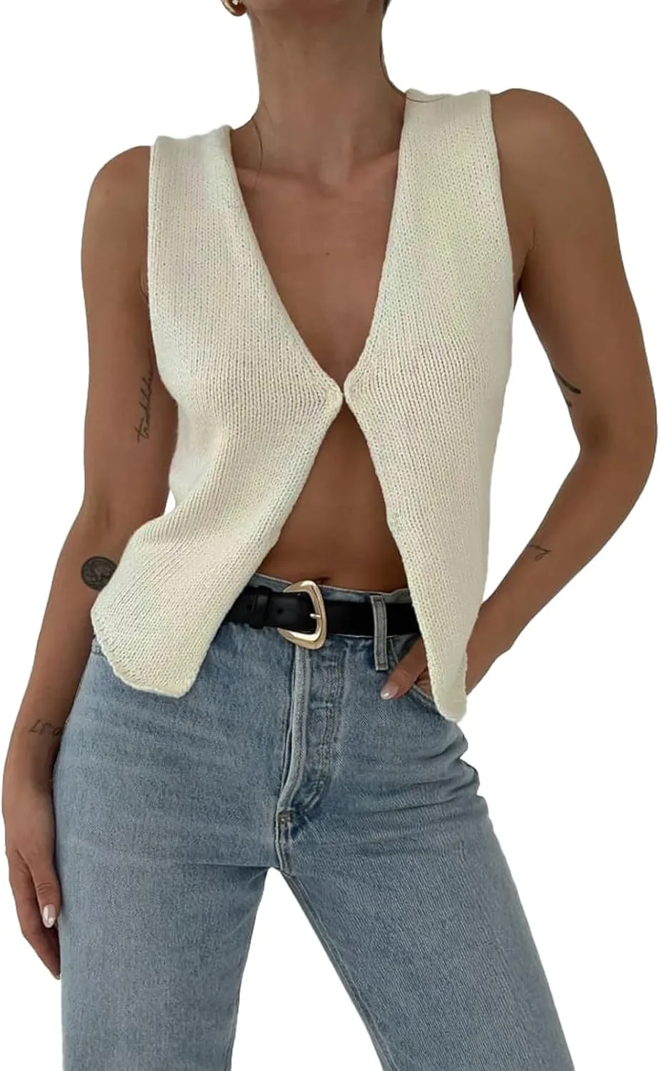 Crochet Knitted Vest for Women Vintage Y2K Hollow Out Button Down Cardigan Retro Crochet Knit Tank Vest