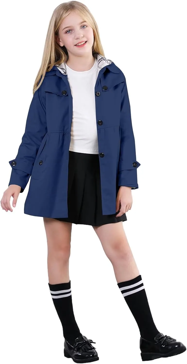 Cromoncent Girl's Waterproof Hoodie Trench Coat Cute Dress Coat Outerwear, 3-12 Years