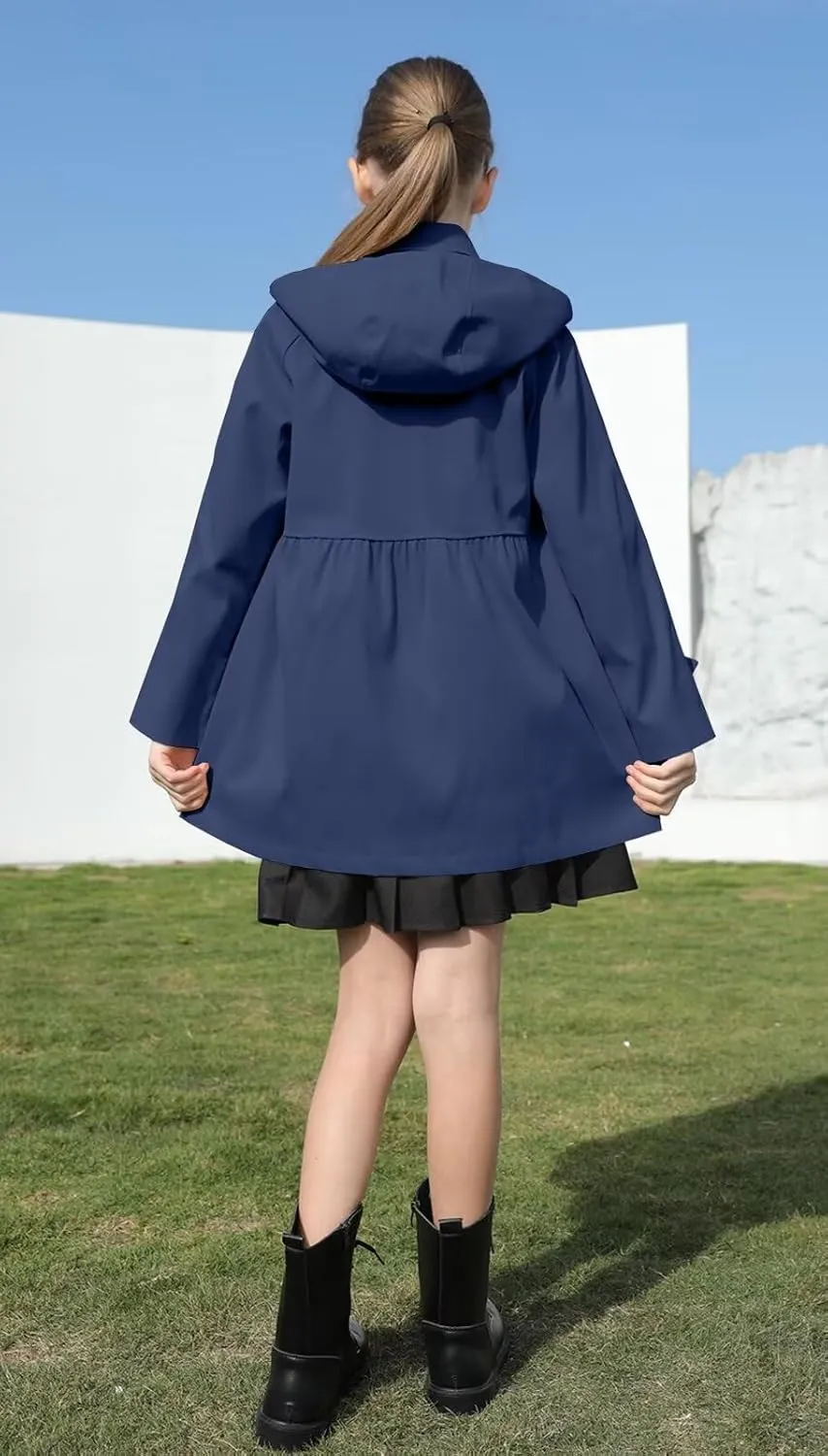 Cromoncent Girl's Waterproof Hoodie Trench Coat Cute Dress Coat Outerwear, 3-12 Years