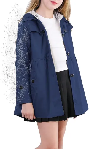 Cromoncent Girl's Waterproof Hoodie Trench Coat Cute Dress Coat Outerwear, 3-12 Years