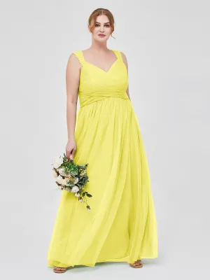Cross-Pleated Tulle Long Dresses with Beaded Straps Lemon Plus Size