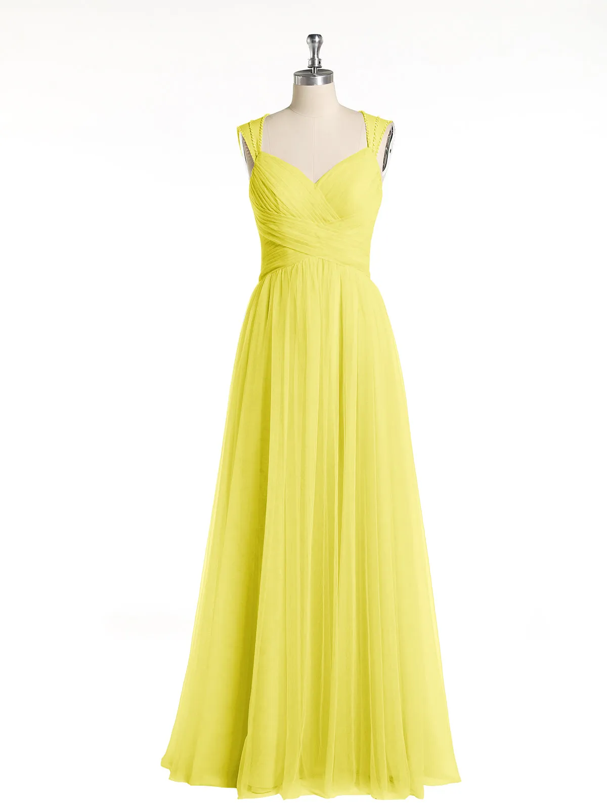 Cross-Pleated Tulle Long Dresses with Beaded Straps Lemon Plus Size