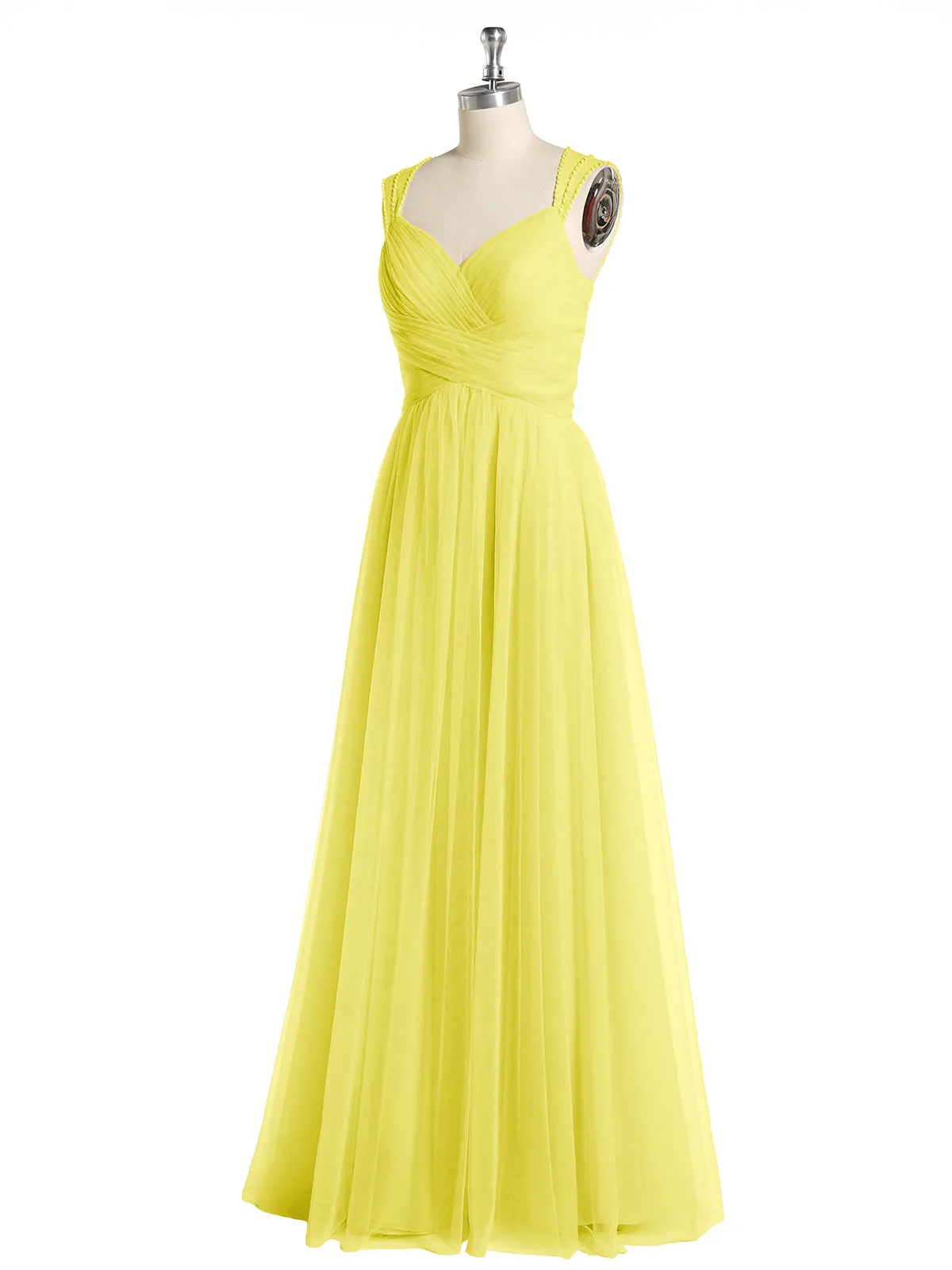 Cross-Pleated Tulle Long Dresses with Beaded Straps Lemon Plus Size