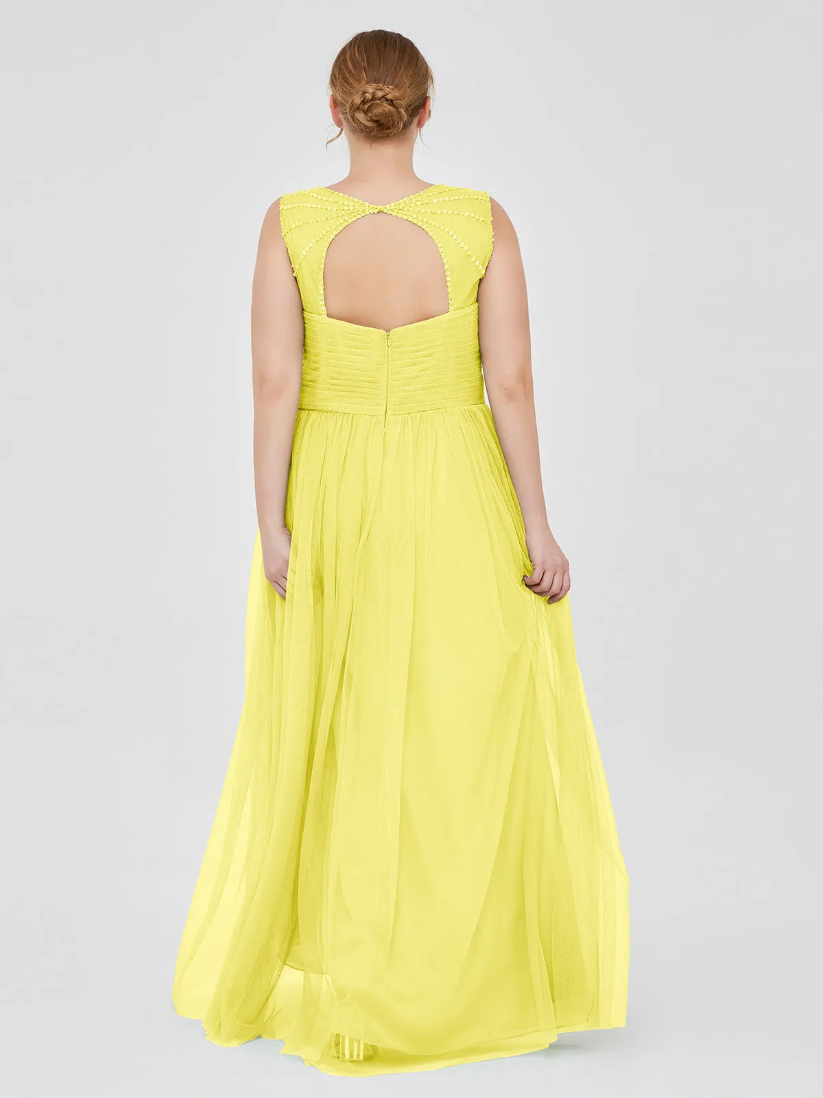Cross-Pleated Tulle Long Dresses with Beaded Straps Lemon Plus Size
