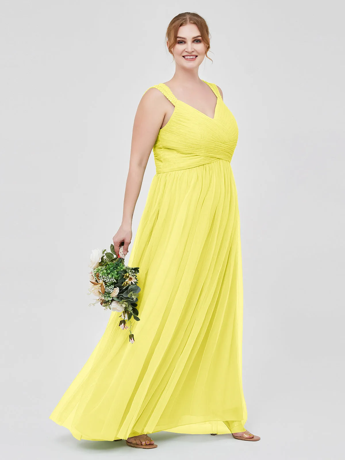 Cross-Pleated Tulle Long Dresses with Beaded Straps Lemon Plus Size