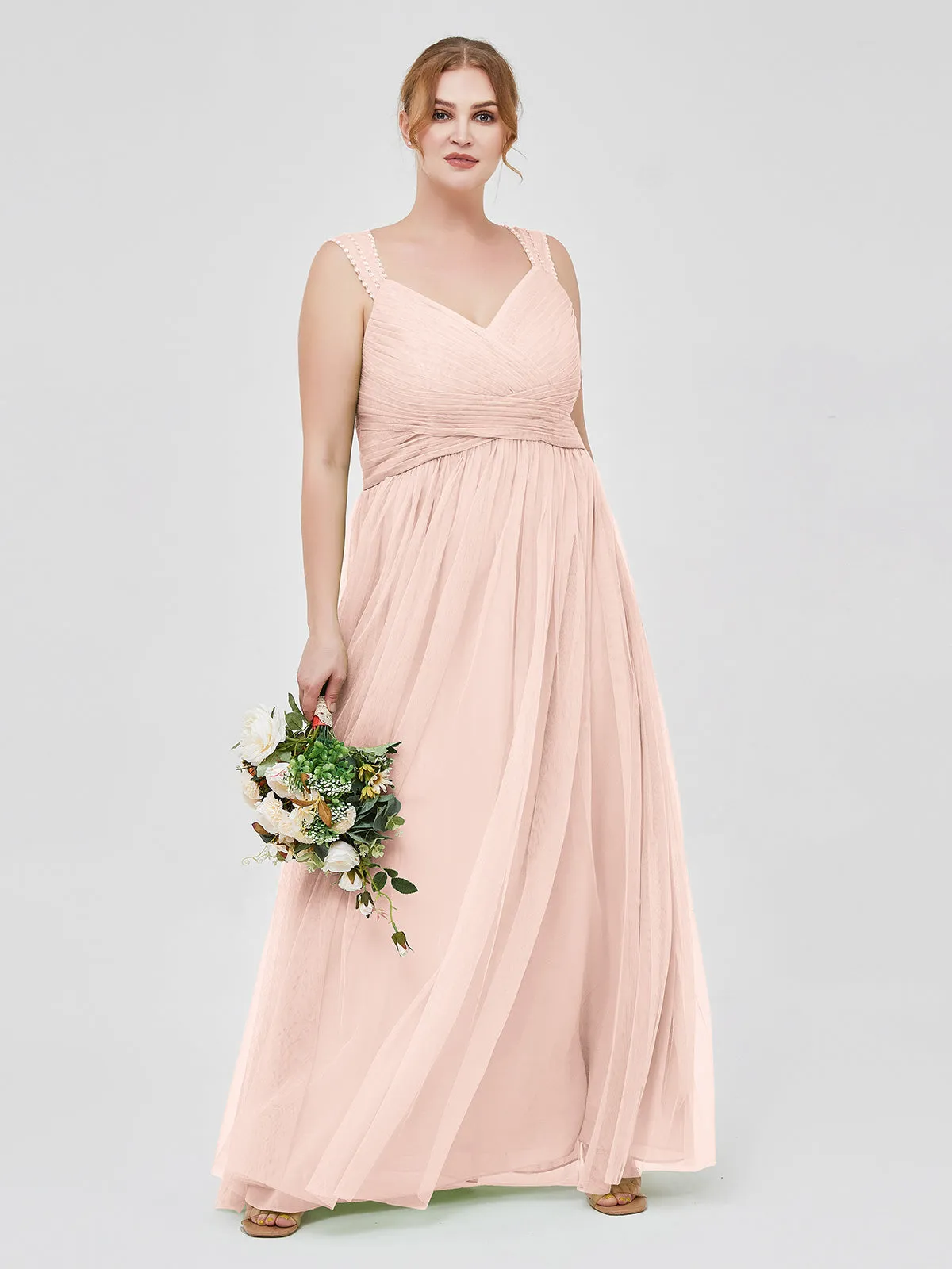 Cross-Pleated Tulle Long Dresses with Beaded Straps Pearl Pink