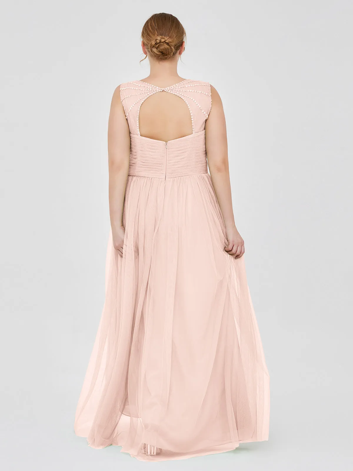 Cross-Pleated Tulle Long Dresses with Beaded Straps Pearl Pink