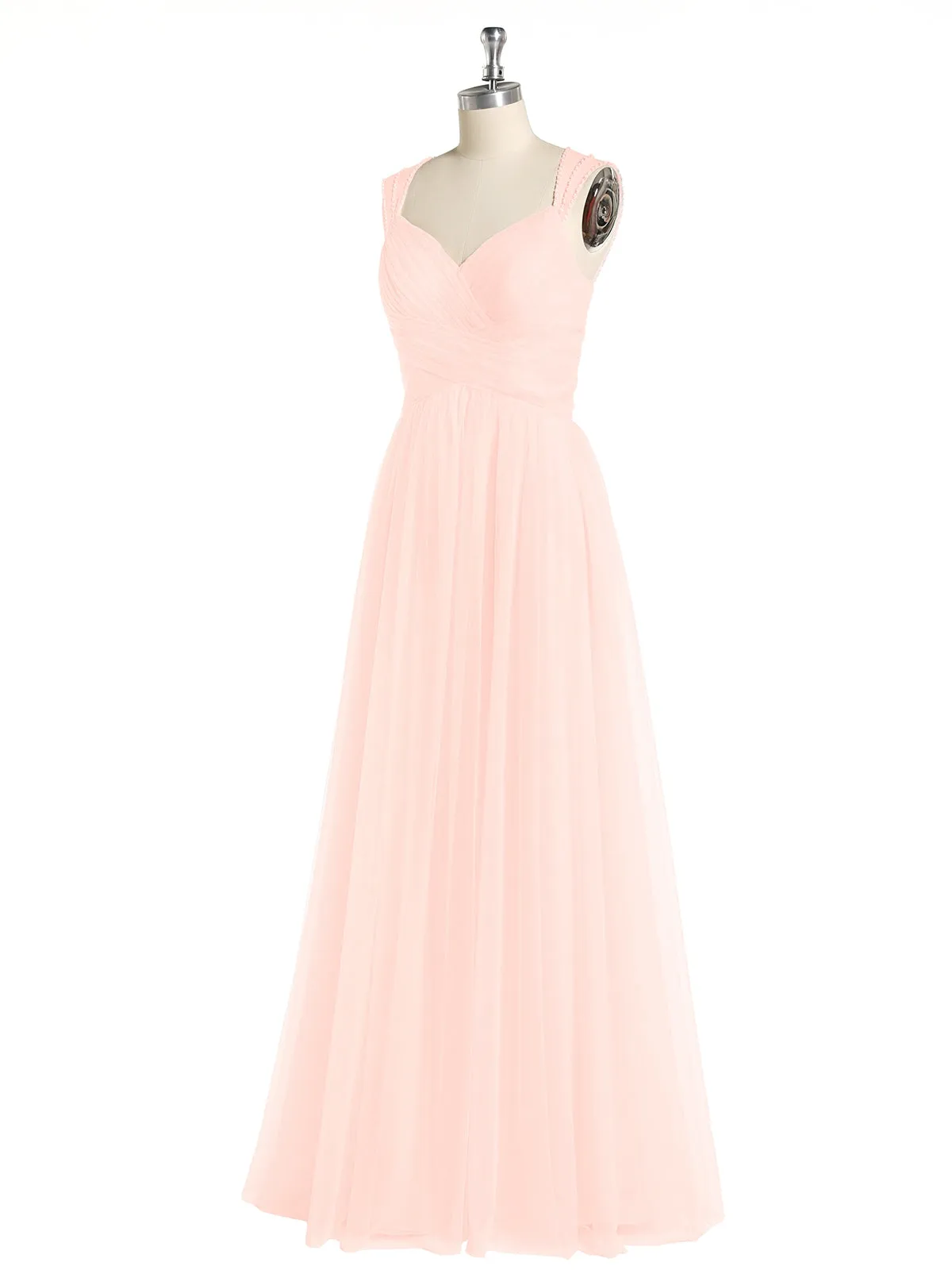 Cross-Pleated Tulle Long Dresses with Beaded Straps Pearl Pink